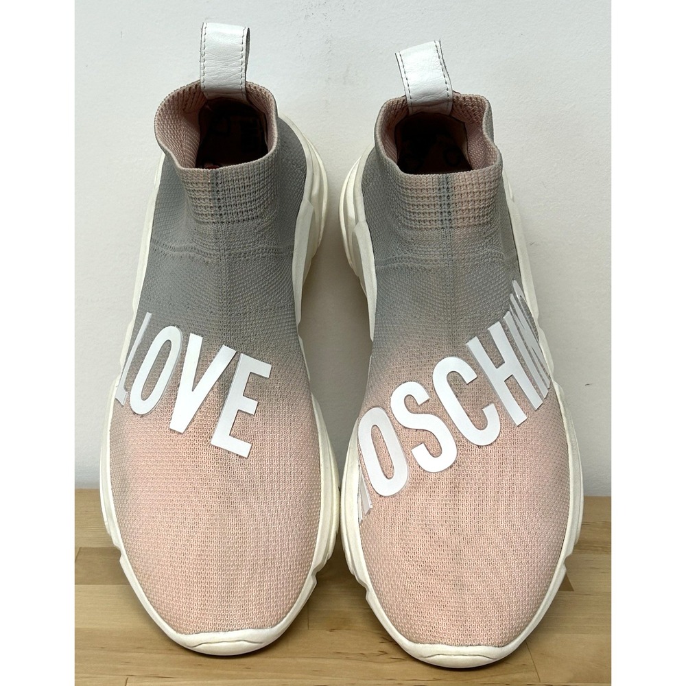 Love Moschino Pink Gray Sock Sneakers Womens 10 Heart Logo Stretchy Trainers